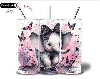 May include: A pink and gray tumbler with a watercolor design of a baby elephant with a pink bow and butterflies. The tumbler has a black lid and straw.