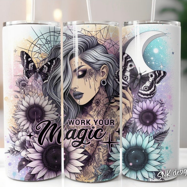 Badass bitch witchy celestial 20oz tumbler wrap, Sublimation design templates, straight png Digital download. skull tumbler