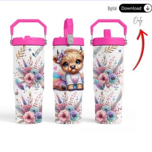 May include: Three pink stainless steel tumblers with a white background and a floral design. The center tumbler features a cartoon cow wearing a rainbow skirt and a pink heart.