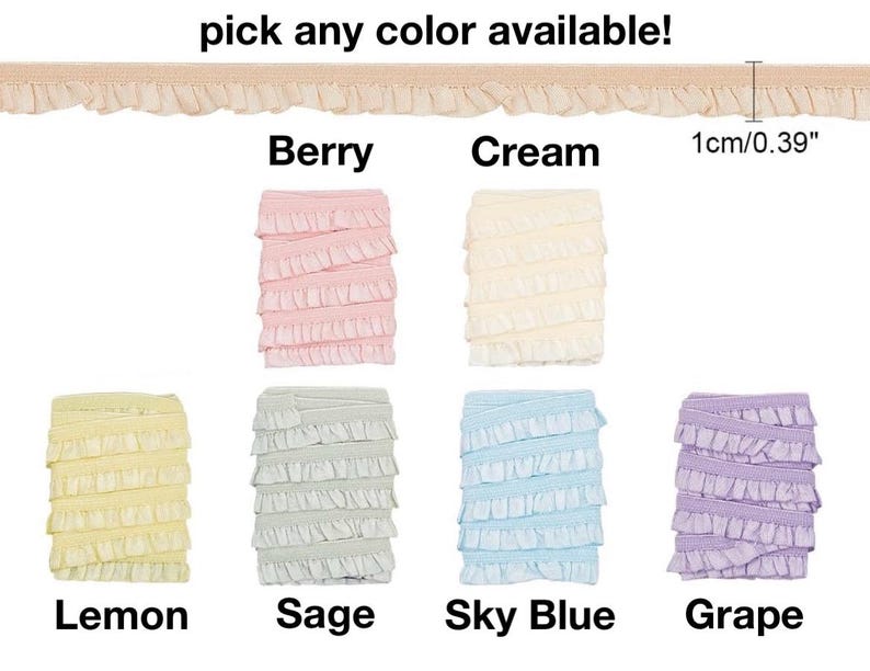 K&ouml;nnte beinhalten: Ger&uuml;schtes Zierband in verschiedenen Farben: Beere, Creme, Zitrone, Salbei, Himmelblau und Traube. Das Band ist etwa 1 cm breit. Der Text oben lautet "W&auml;hlen Sie eine beliebige Farbe!"