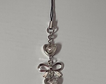 Silver and White Valentine Phone Charm Phone Strap Keychain Bag Charm Bagchain Pearl Heart Bead Coquette Y2K inspired Angelic Love Ribbon