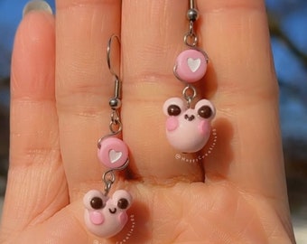 Polymer Clay Frog Earrings with Heart Beads