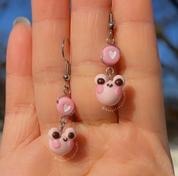 Polymer Clay Frog Earrings With Heart Beads Etsy