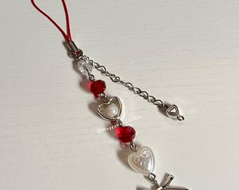 Red and White Valentines Phone Charm Phone Strap Keychain Bag Charm Bagchain Pearl Heart Bead Coquette Y2K inspired Angelic Love Ribbon