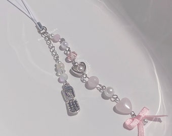Angelic Heart Y2K inspired Coquette Pearl Rose Quartz Bead Keychain / Phone strap / Phone charm / Bag Charm / BagChain