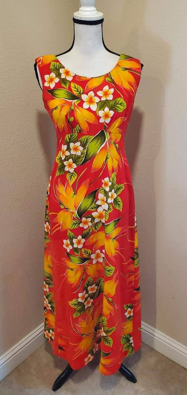 Vintage 60s 70s Hawaiian Maxi Dress Bird of Paradise Barkcloth Acrylic ...