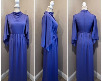 Vintage 1970s Alison ayres disco queen dramatic angel sleeve maxi dress purple stretch poly