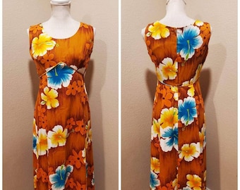 Vintage 60s 70s hawaiian tiki Aloha dress maxi length cotton barkcloth floral