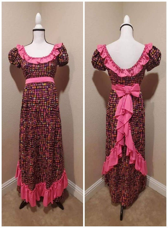 Vintage 50s 70s neon pink black floral cotton maxi dr… - Gem