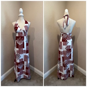 Vintage 60s 70s Hawaii nei Honolulu low cut v neck empire waist halter maxi dress geometric print tiki oasis resort wear