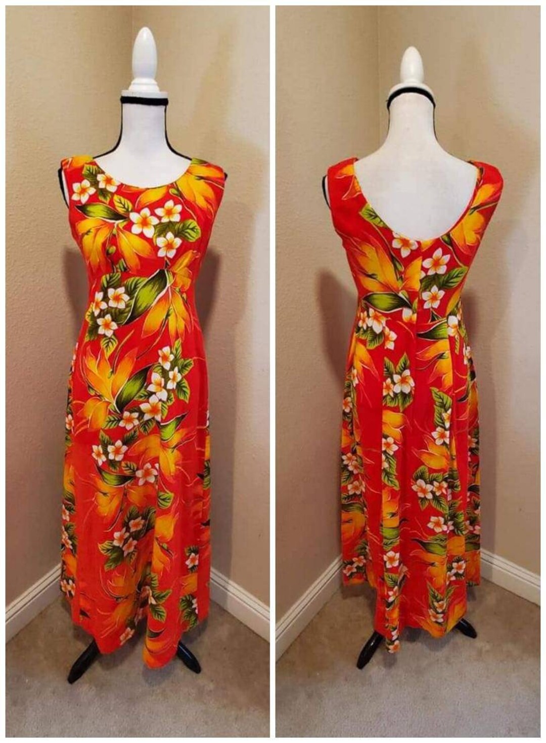 Vintage 60s 70s Hawaiian Maxi Dress Bird of Paradise Barkcloth Acrylic ...