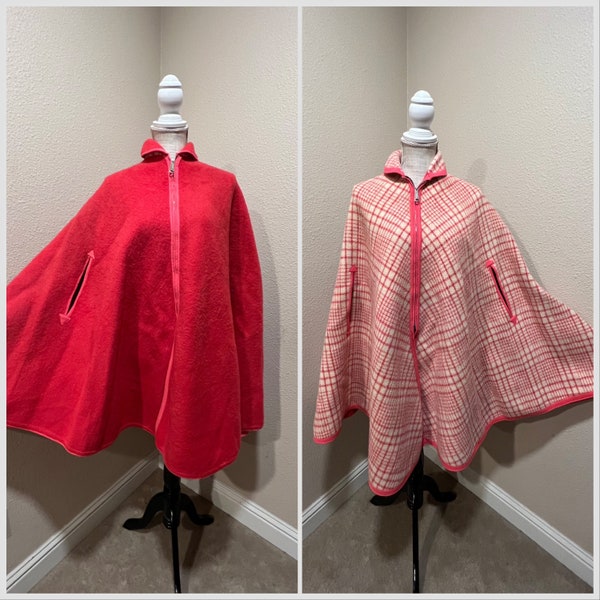 Volup open size vintage 1950s 1960s reversible pink and cream plaid wool cape Peter Pan collar zip front rockabilly pin up