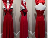 Sexy Vintage 80s 90s red sequined maxi dress corset bustier vampire or devil costume with faux leather and dramatic halter collar