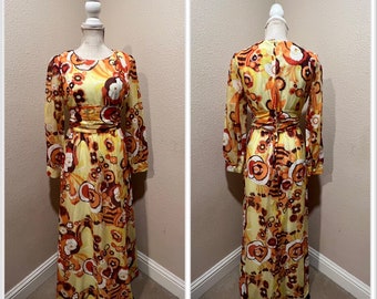 large xL volup vintage 60s 70s Montgomery ward psychedelic maxi dress sheer balloon sleeves bright sprint colors floral hostess dress