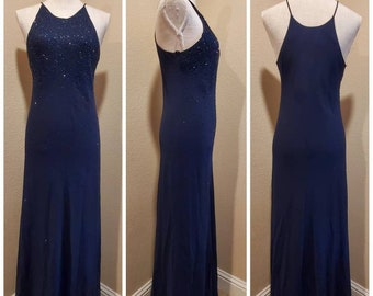 Chelsea nites Vintage 90s Y2K 2000s maxi length Bias cut spaghetti strap blue beaded slip dress prom evening gown