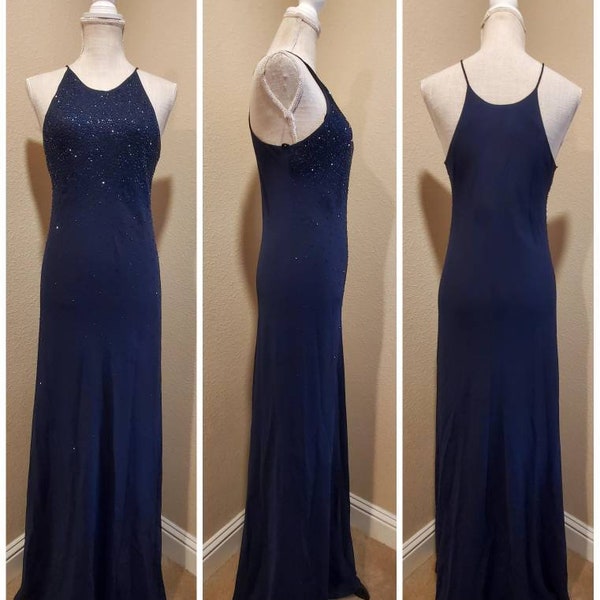 Chelsea nites Vintage 90s Y2K 2000s maxi length Bias cut spaghetti strap blue beaded slip dress prom evening gown