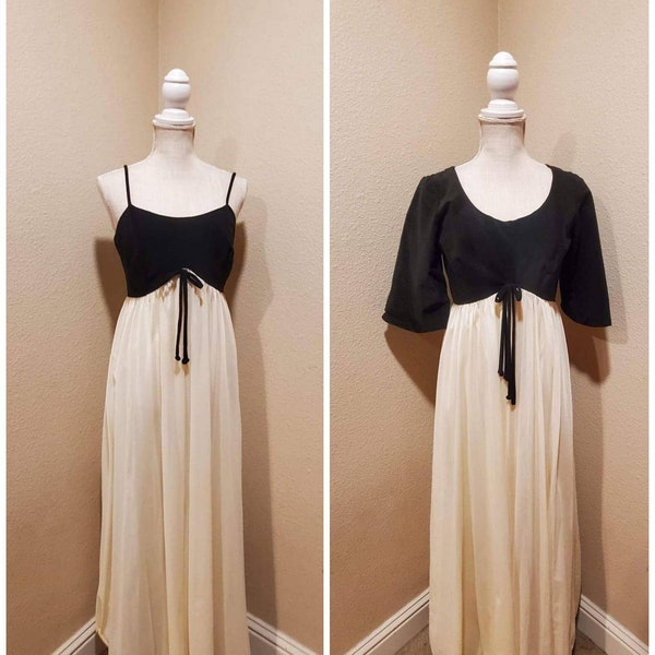 Vintage 1970s black and white color block empire waist maxi length Sleeveless nightgown and robe Peignoir set