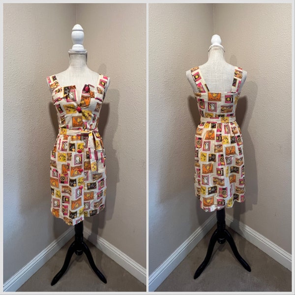 XS small pop art novelty print sunkist alma fit and flare 1960s 70s Montgomery ward sun dress rockabilly pin up 40s 50s style