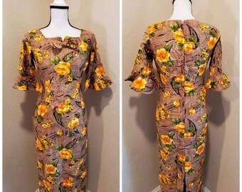 Vinyage 1960s kamani O hawaii cotton midi-maxi pencil dress floral paisley earthtones fall colors bell bottom sleeve medium