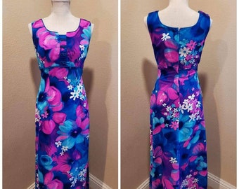 Vintage 60s 70s Lauhala vibrant neon pink blue floral sleeveless empire waist hawaiian maxi dress tiki small medium
