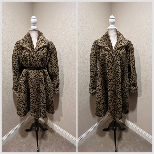 Volup 2X 1X vintage 1980s does 1950s Neiman Marcus faux fur leopard swing coat rockabilly pin up collared