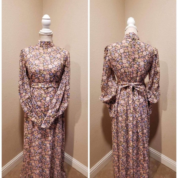 Vintage 60s 70s floral mock collar baloon sleeves prairie cottage core maxi dress