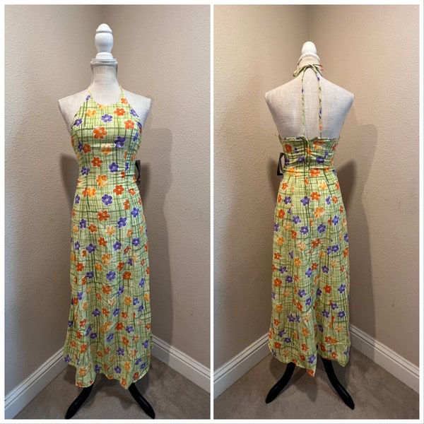 NOS Vintage 1990s Y2K 2000 does 70s midi maxi slip dress halter plaid floral XS small