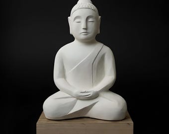 Minimalist White Buddha Statue – Handmade Plaster Figurine on Wooden Base – Zen Meditation Home Decor