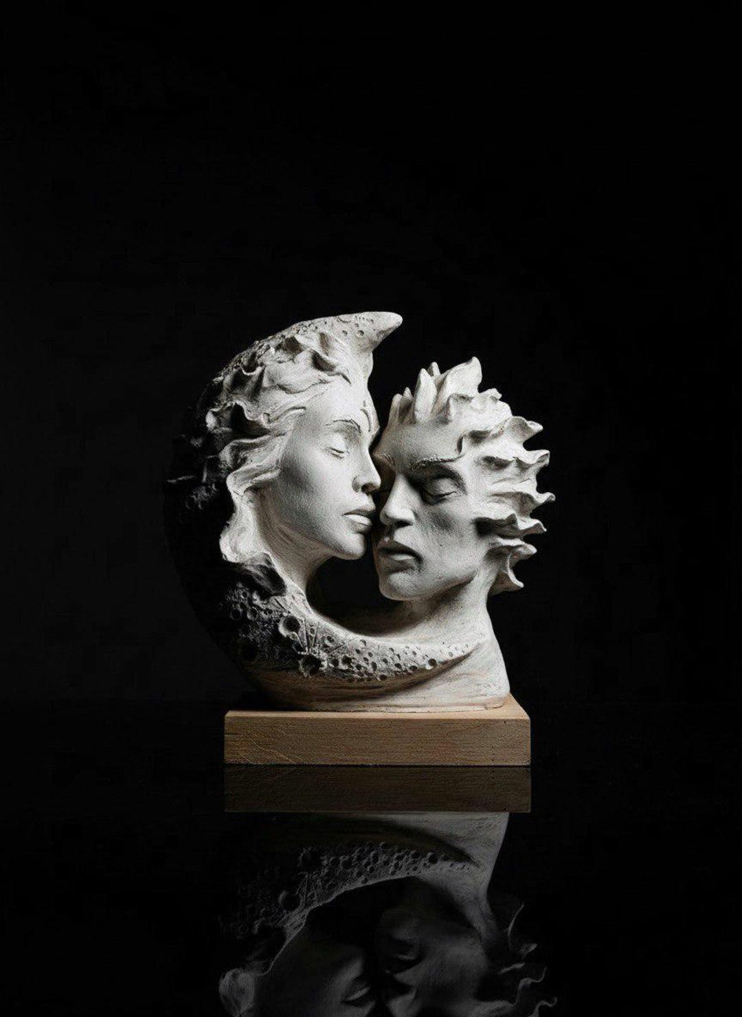 Moon and Sun Lovers Sculpture – Romantic Wedding Gift, Celestial Couple Art, Anniversary Home Decor, Lunar Solar Love Statue 8.11 inch - White and Gray
