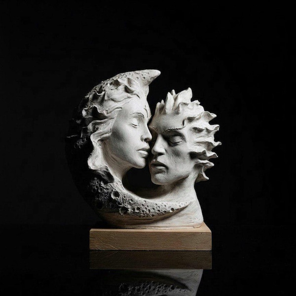 Moon and Sun Lovers Sculpture – Romantic Wedding Gift, Celestial Couple Art, Anniversary Home Decor, Lunar Solar Love Statue 8.11 inch