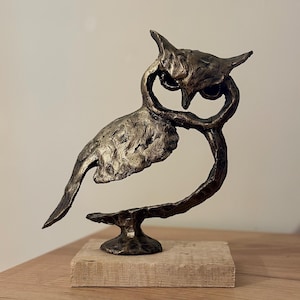 Handcrafted  Owl Sculpture on Wooden Base Painted in bronze color  – Unique Art Piece for Home Decor