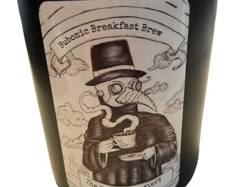 Bubonic Breakfast Brew gothic candle with original plague doctor art with coffee