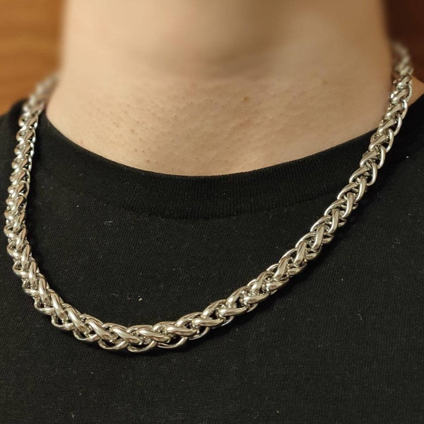 Thick Silver Wheat Chain Necklace 8mm Width 18, 20 or 22 Inches Length Stainless Steel, men's unisex women's chain necklace