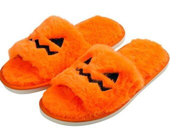Halloween Fuzzy House Slippers - Orange Pumpkin Jack O Lantern House Shoes