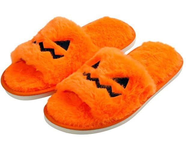 Halloween Fuzzy House Slippers - Orange Pumpkin Jack O Lantern House …
