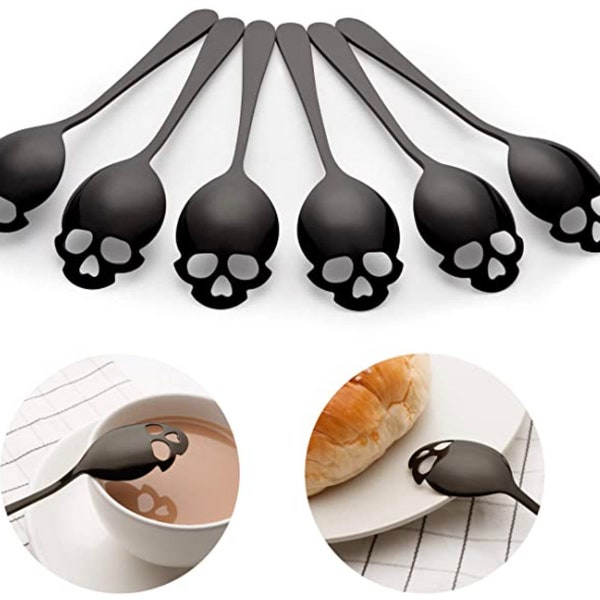 Black Skull Spoons, Sugar Spoons, Stainless Steel Teaspoons, Halloween Coffee and Tea Stirring Spoon, Set of 6 18/10 304 Black Stainless