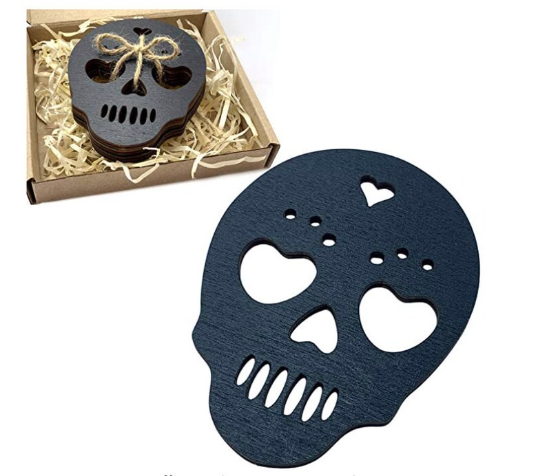 Skull Coasters Set of 2 Goth Skull Wooden Drink Coasters Gothic Home Decor Halloween Spooky Gifts for Goth Stuff Lovers image 3