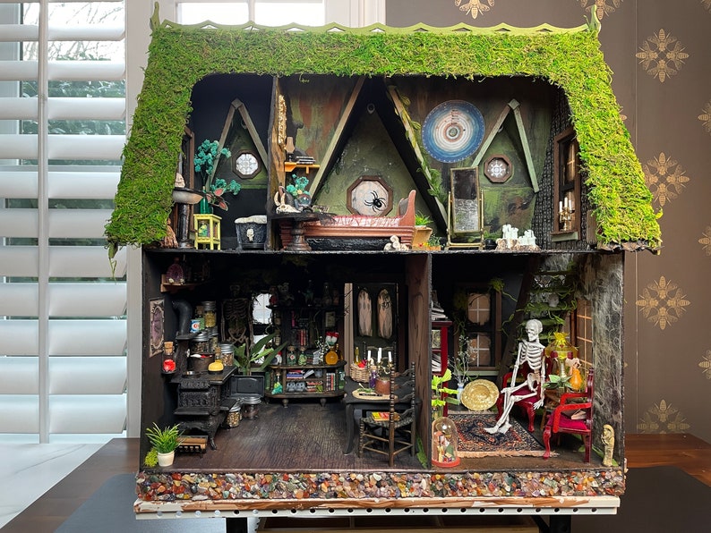 Victorian Gothic Haunted Dollhouse Witch House, Handmade By Artist, FURNISHED 1:12 Halloween image 2