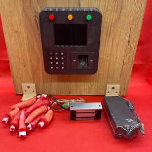 Op de afbeelding: Een zwart beveiligingssysteem met een toetsenbord, vingerafdrukscanner en drie indicatielampjes. Het systeem is gemonteerd op een houten paneel. Bevat ook afgehakte vingers, een magneetslot en een voeding.