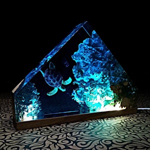 Sea turtle & Diver Epoxy Wood Night Light, Resin Light Lamp, Christmas gift image 1