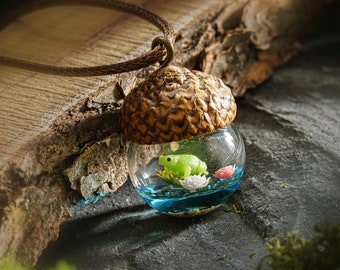 Acorn Resin Jewelry with Frog, Resin jewelry, Nature Lover amulet, Lotus Frog terrarium, fairy necklace