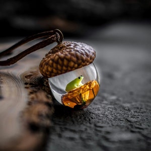 Collier gland avec grenouille champignon, bijoux en résine, pendentif gland, pendentif en bois et résine, cadeau pour amoureux de la nature, bijoux naturels