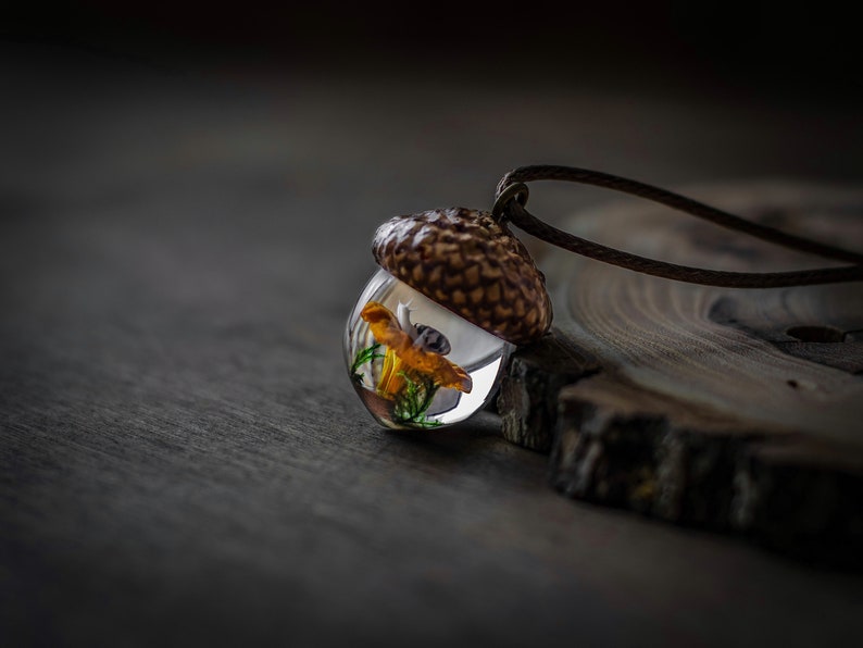 Collier gland avec grenouille champignon, bijoux en résine, pendentif gland, pendentif en bois et résine, cadeau pour amoureux de la nature, bijoux naturels With a snail