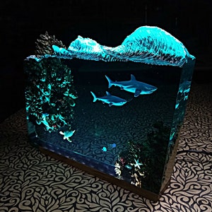 Large Epoxy lamp Nightlight, Resin Shark and turtle wood lamp, Scuba diving gift, Bedside Lamp, Bedroom Lights