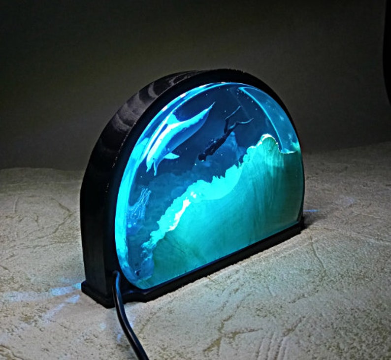 Resin Wood Night Light Epoxy Divers and Dolphin Lamp Etsy