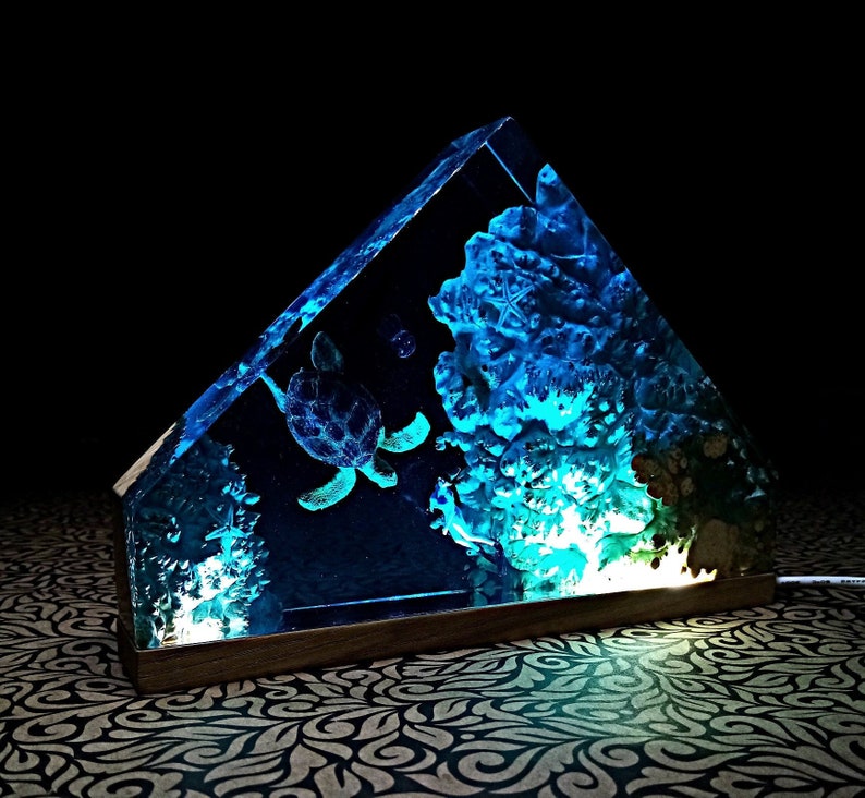 Sea turtle & Diver Epoxy Wood Night Light, Resin Light Lamp, Christmas gift image 1