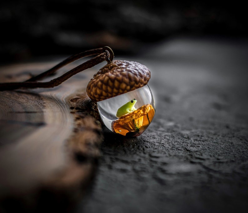 Acorn Necklace With Mushroom Frog, Resin jewelry, Acorn Pendant, wood resin pendant, Gift for Nature lover,Natural jewelry image 1