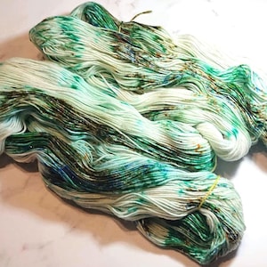 Hand dyed yarn Gone Hiking fingering weight sock yarn Starlight stellina glitz wool green white brown speckled yarn skein 462 yards