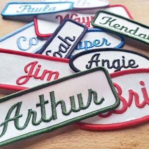 Custom vintage-styled iron-on name tag patch.   For your uniform, shirt, apron, coveralls, backpack, jacket, vest or dog harness