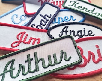 Custom vintage-styled iron-on name tag patch.   For your uniform, shirt, apron, coveralls, backpack, jacket, vest or dog harness